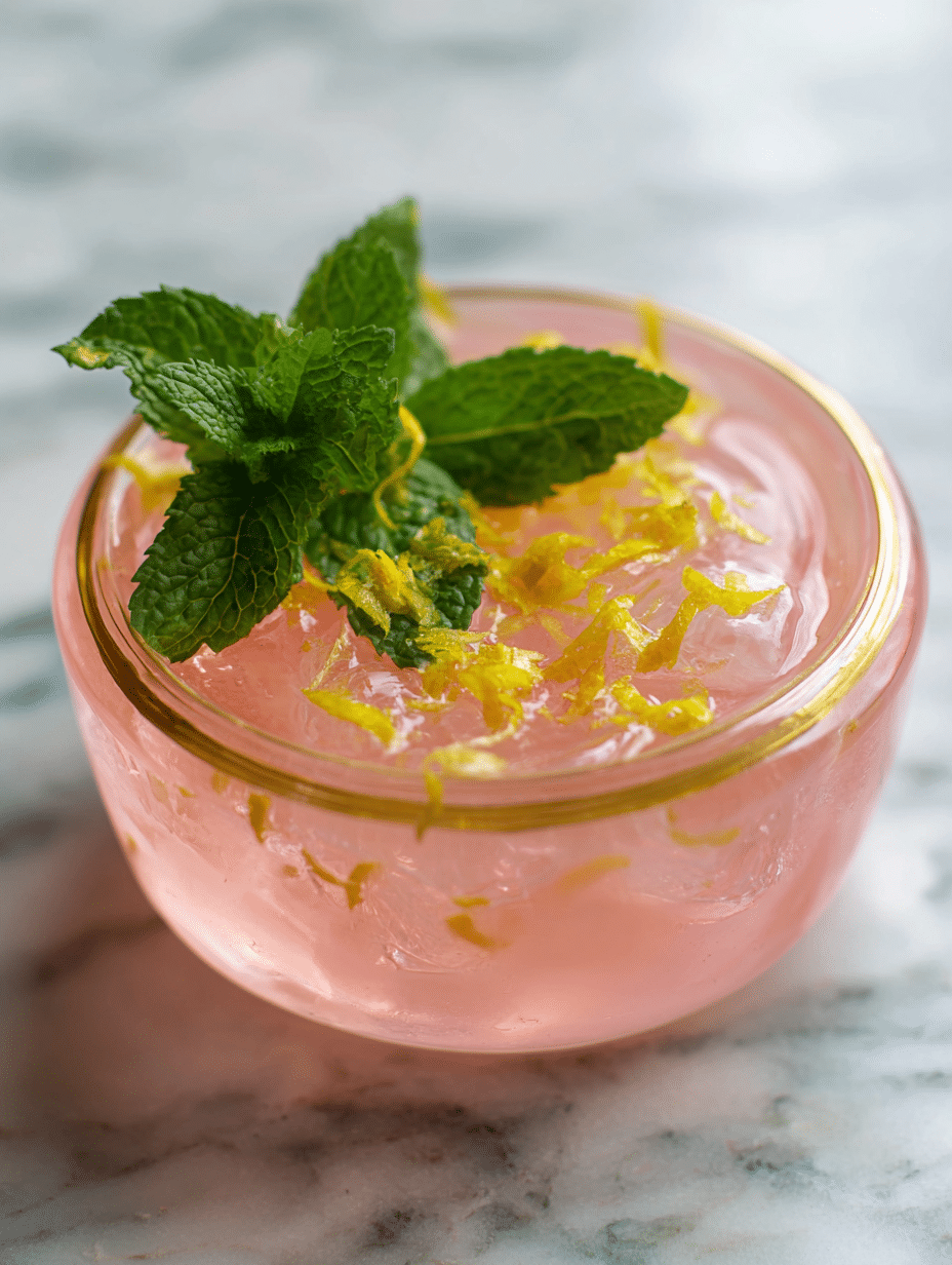 pink gelatin recipe Pink gelatin recipe in glass dish with mint and lemon — soft texture, pale pink color, natural lighting