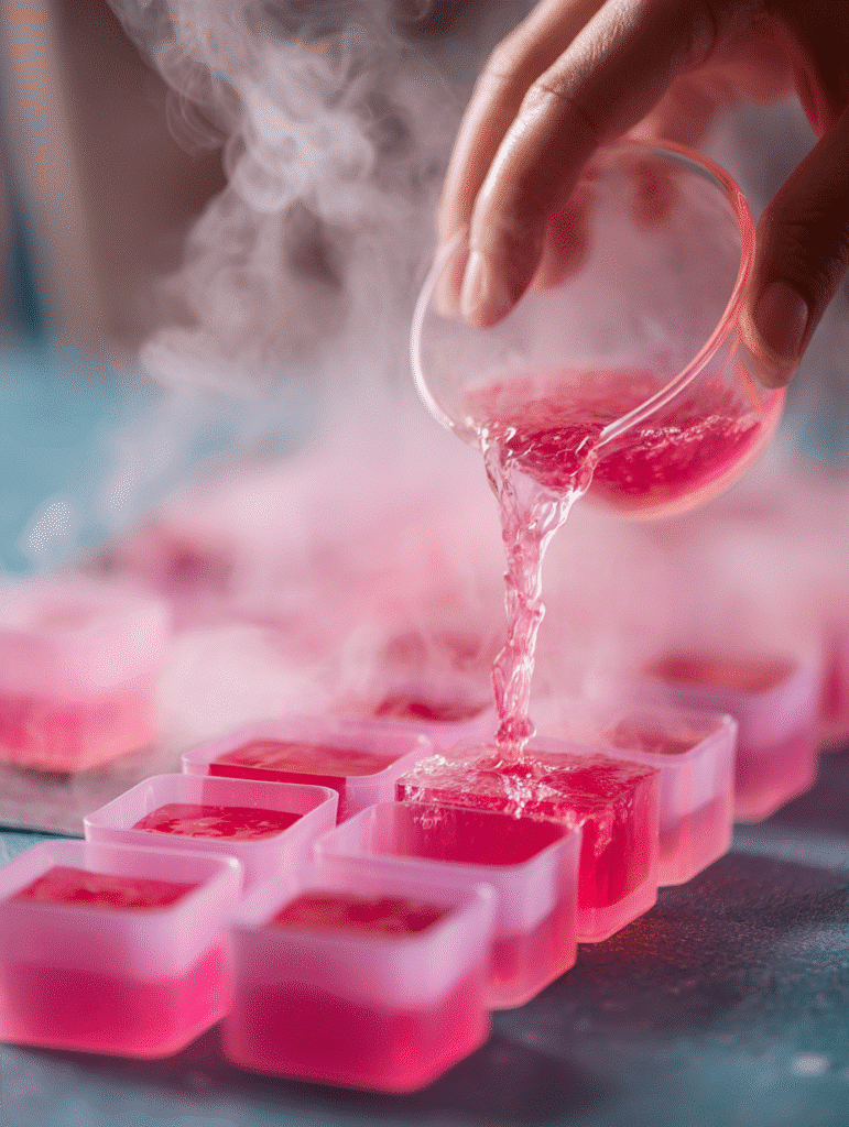 pink gelatin recipe Pink gelatin recipe being poured into molds — soft texture, steam, and delicate color