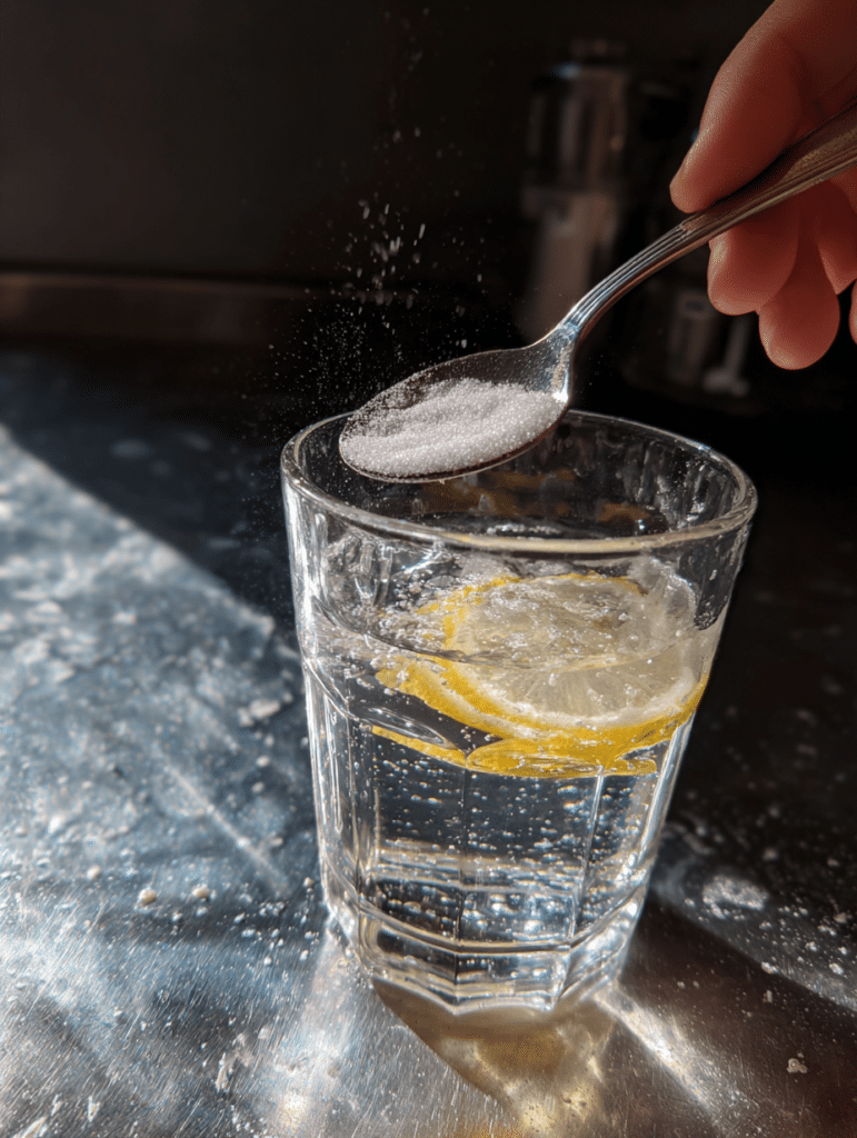 Hand stirring baking soda and lemon juice into a glass of water